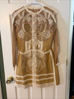 Lace-Appliqué Long Sleeve Mini Dress in Tan and Cream